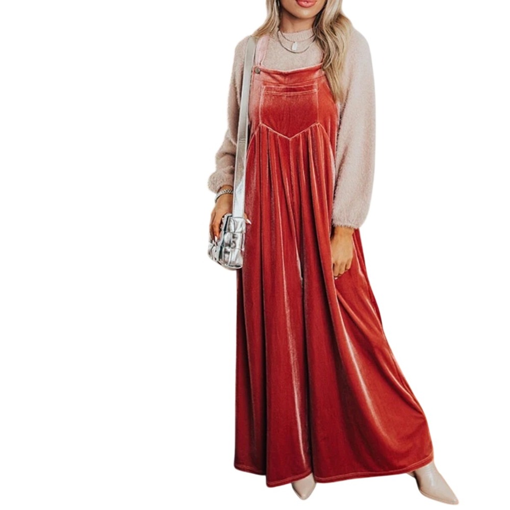 BiBi Velvet Overalls Jumpsuit Women Large Rust Orange Boho Retro Wide Leg Pocket